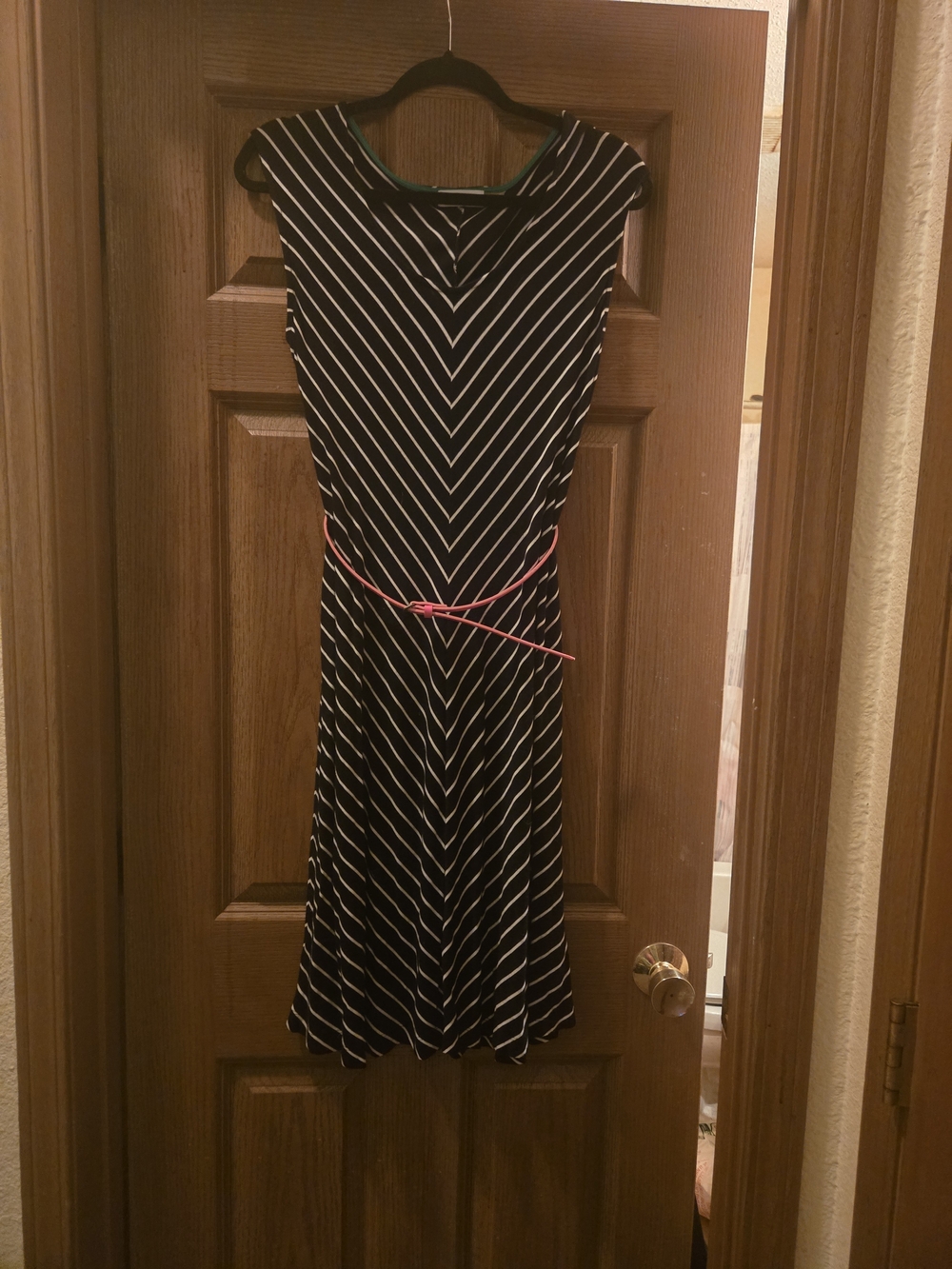 Calvin Klein Women's Black and White Striped Fit-and-Flare Dress with Pink Belt